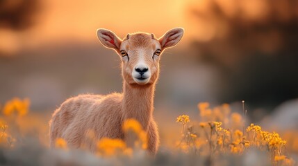 Obraz premium A gentle goat standing gracefully among vibrant wildflowers, capturing the essence of tranquility and harmony often found in a picturesque rural landscape.