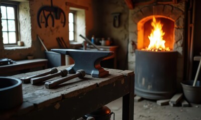 Traditional blacksmith forge workshop with anvil, hammers, tongs on workbench, water quenching barrel, steam, horseshoes on wall, dirt floor with metal filings, authentic atmosphere