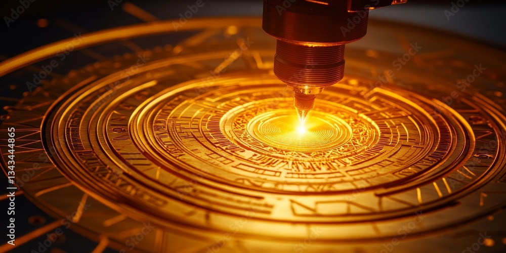 Poster cnc router cutting intricate design in golden material, craftsmanship and precision in action