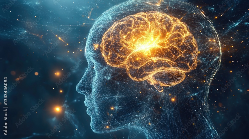 Poster glowing human brain with neural connections in a digital universe representation of thought and inno