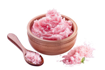 Vibrant pink sugar scrub in a wooden bowl with a natural wooden spoon on a white background