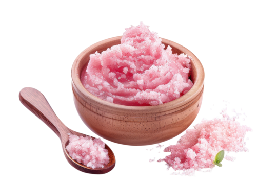 Vibrant pink sugar scrub in a wooden bowl with a natural wooden spoon on a white background