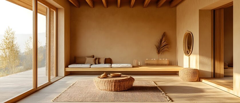 A serene and minimalistic living space showcasing natural light, wooden beams, and earthy tones. This inviting interior combines comfort with simplicity, perfect for relaxation.