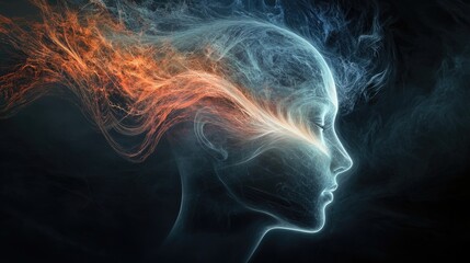 Obraz premium Ethereal Portrait of a Female Figure Emerging from Vibrant Smoke and Light Patterns in a Dreamlike Abstract Background