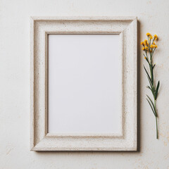 simple, elegant, white, wooden, frame, with, a, blank, space, for, a, picture, and, a, small, flower, beside, it, creating, a, serene, atmosphere