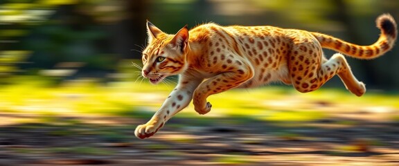 Fototapeta premium A Graceful Spotted Feline in Motion, Leaping Across a Vibrant Landscape with Blurred Background