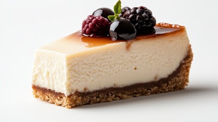A gourmet slice of cheesecake adorned with a delightful assortment of fresh berries and a glossy berry glaze, perfect for cake lovers who appreciate quality ingredients.
