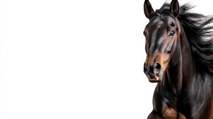 Fototapeta premium The striking image of a majestic black horse in full gallop against a stark white background captures the essence of beauty, power, and freedom that resonates with equestrian enthusiasts.