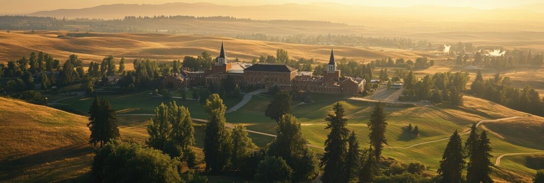 Washington State University Campus Aerial View Over Palouse and Pullman, Washington