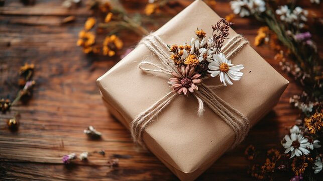 A beautifully wrapped present adorned with dried flowers and twine