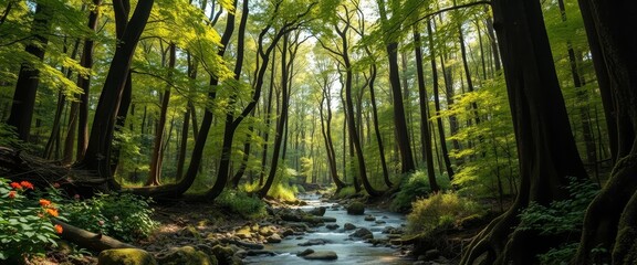 Fototapeta premium Serene woodland stream flows through lush green forest, sunlight dappling leaves and mossy rocks