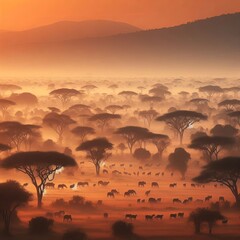 Obraz premium A savannah landscape at dawn with wildlife starting to stir