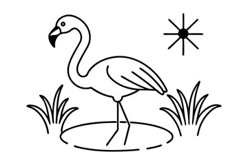 Obraz premium flamingo wading in a pond with the sun shining line art silhouette vector illustration