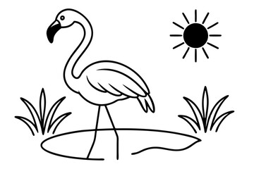 flamingo wading in a pond with the sun shining line art silhouette vector illustration