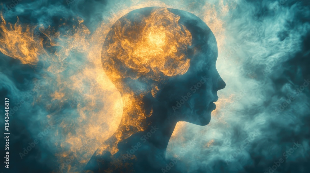 Poster abstract profile with fiery flames and colorful smoke in background representing passion and creativ
