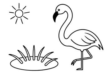 flamingo wading in a pond with the sun shining line art silhouette vector illustration
