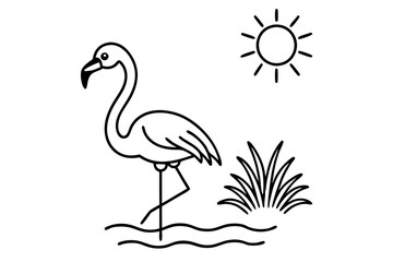 flamingo wading in a pond with the sun shining line art silhouette vector illustration