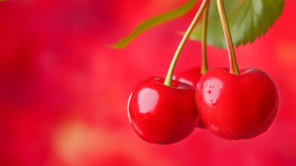 Fresh cherries hanging from a branch against a vibrant red background