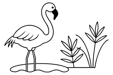 flamingo wading in a pond with the sun shining line art silhouette vector illustration
