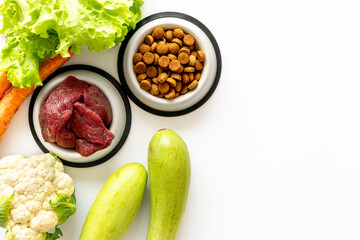 Tasty food for pets with beef meat and vegetables, top view