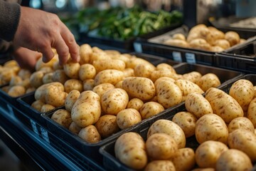 Chef selecting fresh potatoes at farmers market, supporting local agriculture