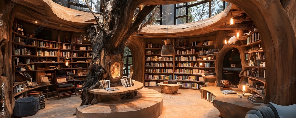 Poster a unique library design featuring organic elements, with warm lighting and intricately curved wooden