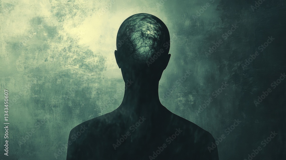 Poster surreal silhouette of a figure with abstract tree patterns in a mystical green atmosphere