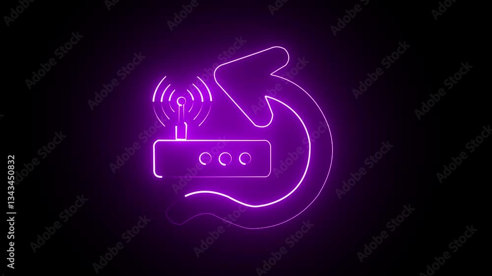Poster glowing neon antenna icon on dark background. broadcast symbol animation. neon wireless router. an e