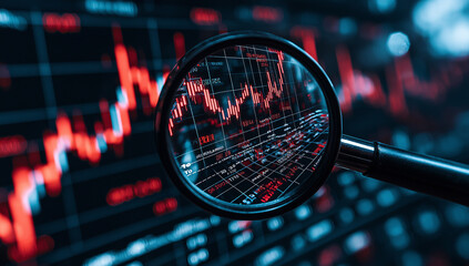 Close up of magnifying glass over financial chart, highlighting data trends and fluctuations. image conveys sense of analysis and scrutiny in finance