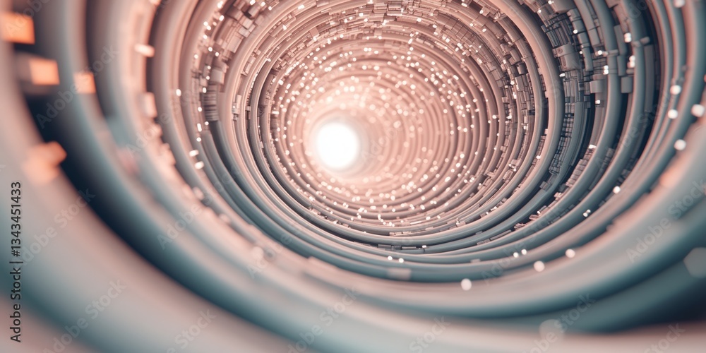 Poster a circular tunnel made of interconnected rings leads towards a bright light source, surrounded by pa