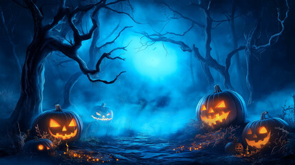 Carved pumpkins illuminate on spooky halloween dark misty forest background. Jack-O -Lanterns with graveyard dark horror background. Halloween celebration theme design for copyspace