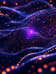 Abstract digital wave of glowing particles in purple and orange hues
