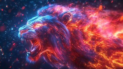 A neon cybernetic lion roaring with digital flames