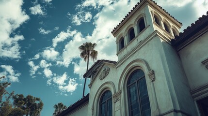 Fototapeta premium Whittier California City Hall. Old Architectural Building with Church-Like Structure and Sky Background