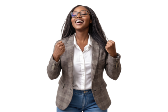 Excited young businesswoman celebrating success, isolated on transparent background