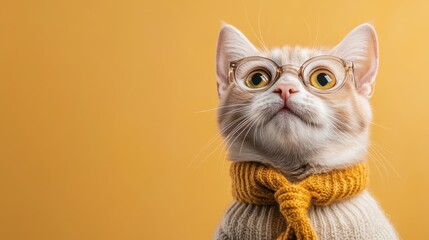 A charming cream cat wearing glasses and a cozy knitted scarf against a bright yellow backdrop. Its playful gaze and fashionable attire create an inviting and warm atmosphere.