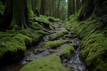 Fototapeta premium Lush Forest Stream Mossy Trail Green Nature