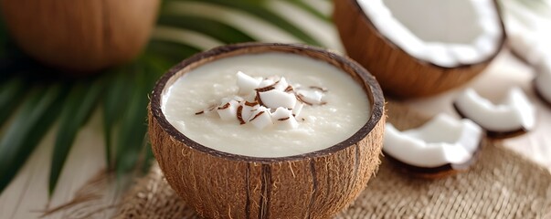 A visually appealing bowl of coconut dessert garnished with coconut flakes, set on a tropical backdrop. This refreshing treat embodies the essence of summer and exotic flavors.