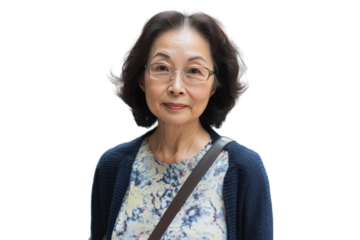 Smiling elderly woman with glasses isolated on transparent background
