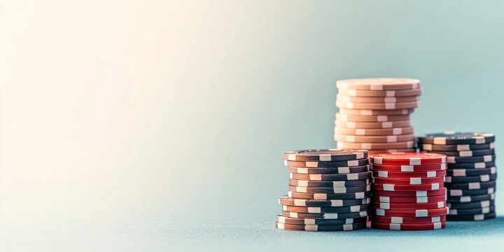 Brightly colored poker chips are neatly stacked, symbolizing the thrill of gambling and the anticipation of winning at a bustling casino