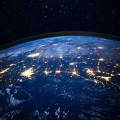 Obraz premium Night view of Earth from space, showing glowing communication lines representing global connectivity. 