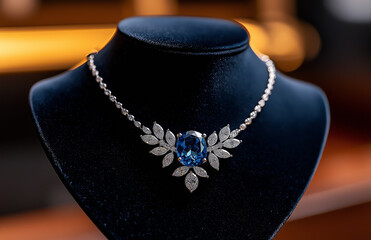 Elegant necklace featuring large blue gemstone and diamond accents, displayed on black velvet stand, showcasing its intricate design and luxurious appeal