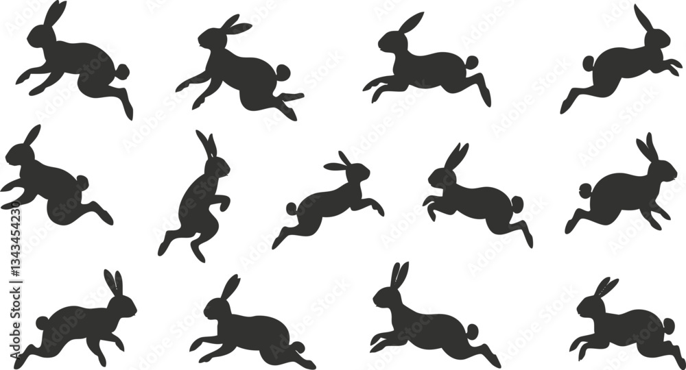 Poster silhouette patterns of hopping and running rabbits in motion