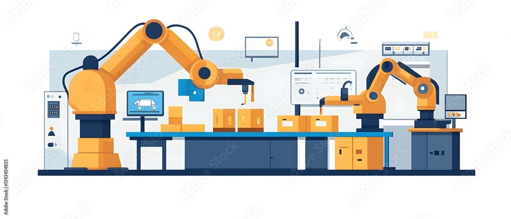 Poster modern industrial robots in a factory setting efficiently package products. advanced automation stre