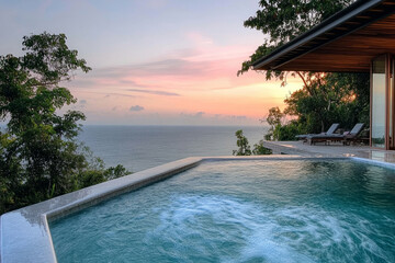 Obraz premium Luxury infinity pool overlooking the ocean at sunset with tropical scenery