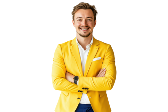 Smiling confident man in a stylish yellow blazer, isolated on transparent background