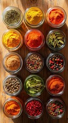 A stunning display of various vibrant spice jars artistically arranged on a rustic wooden surface showcasing flavors