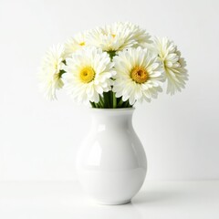 Fresh white chrysanthemum flowers in white vase on white background, simple beauty, background, chrysanthemum