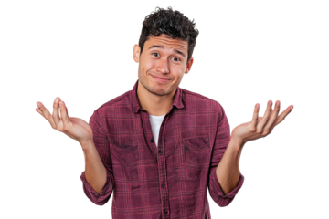 Confused man in plaid shirt shrugging, isolated on transparent background