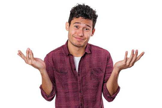 Confused man in plaid shirt shrugging, isolated on transparent background